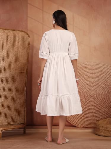 Image of COTLAND Fashions Breathable Cotton Printed A-Line Midi Dress for Women