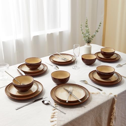 Image of Pokini 32 Piece Double Bowl Dinnerware Sets with Pasta Bowls, Highly Chip and Crack Resistant Plates and Bowls Sets, Natural Earthyware Ceramic Dishware Sets, Service for 8 Brown Yellow