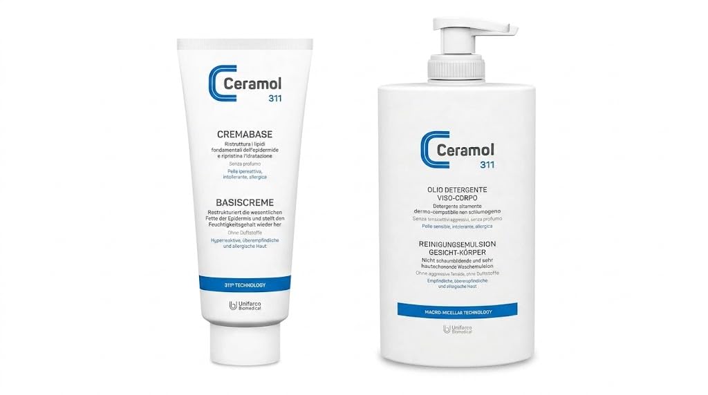 Trattamento Completo Ceramol Pelle Atopica e Secca, Olio Detergente Viso-Corpo 400ml + Crema Emolliente Ristrutturante Barriera 400ml