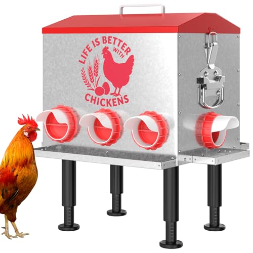 Pawaboo 55LBS Large Capacity Automatic Chicken Feeder - 2026 Upgraded No Waste Poultry Feeder, 7 Feeding Ports, Viewable Feed Level Window, Height-Adjustable Legs + Wobble-Free Stability