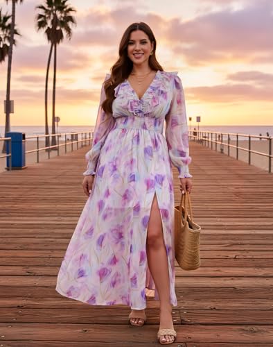 Image of EYWOL Wedding Guest Dresses for Women Long Sleeve Chiffon Floral with Slit | Maxi\Midi, Long, V Neck, A-Line, Chiffon, Elastic Waist, Flowy, Boho, Western, Fall, Flattering, Elegant, Curvy, Maternity,