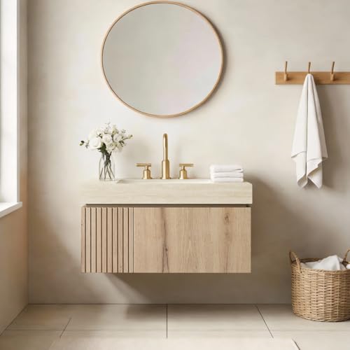 AmbroVania 30" Floating Bathroom Vanity with Sink, Plywood Storage Cabinet with Drawer and Door, Roma Travertine-Pattern Top and 3 Pre-drilled Faucet Holes Ceramic Basin, Pre-Assembled, Light Wooden