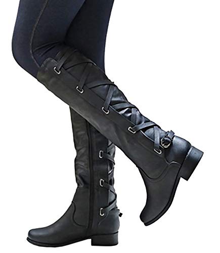 Coutgo Womens Lace Up Knee High Boots Motorcycle Riding Flat Low Heels Strappy Winter Combat Boots2