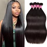 Straight Bundles Human Hair 22 24 26 28 Inch 4 Bundles Straight Hair 12A Double Weft 200% Density Hair Extensions for Women 100% Unprocessed Virgin Human Hair Weave Natural Color Black