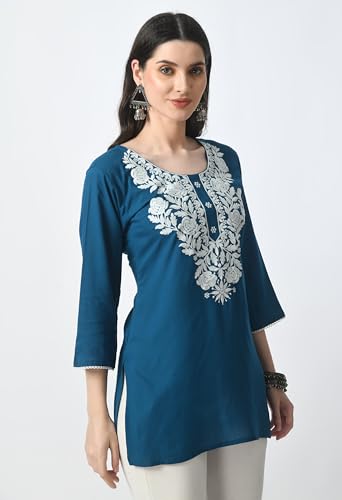 Image of LIBOZA Kurti for Women - Short Chikankari Kurtis for Girls, Lakhnawi Tunic Top Kurta Design for Ladies, Woman Ethnic Kurthis & Shirt with Sleeve