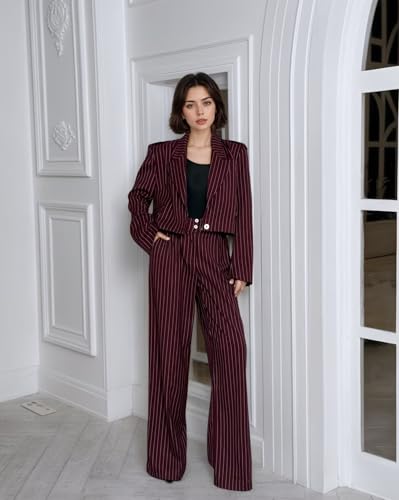 Pinstripe Pant Suits for Women Wedding Guest 2 Piece Womens Suit Casual 1 Button Short Blazer Tuxedo for Work Professional2
