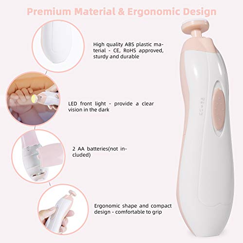 Electric Baby Nail File, Baby Nail Trimmer for Infant Toddler with Light, Toes Fingernails Care Trim Polish Grooming Kit Safe for Newborn, Baby Nail Grinder Set with Nail Clipper (Blush)