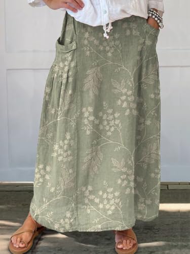 TIAFORD Women Flowy Floral Print Maxi Skirt Summer Casual Boho High Elastic Waist Loose Long Skirt with Pocket2