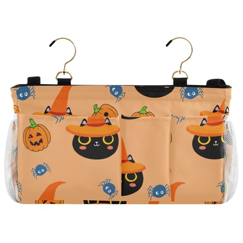 Burbuja Black Cats Wearing Orange Witch Hats Bedside Caddy Hanging Storage Organizer with 2 Straps and Hooks for Home College Dorm Bunk Bed Hospital Bed Crib