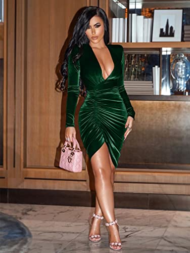 Ymduch Women's Sexy Long Sleeve V Neck Ruched Bodycon Wrap Cocktail Club Mini Dress Darkgreen #TOP7