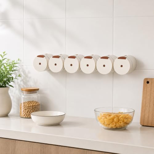 Image of Wall Mounted Magnetic Push-Button Spice Jar Set, Pack of 6 Kitchen Storage Containers with Adhesive Strip and Labels, Space-Saving Masala Organizer for Easy Access