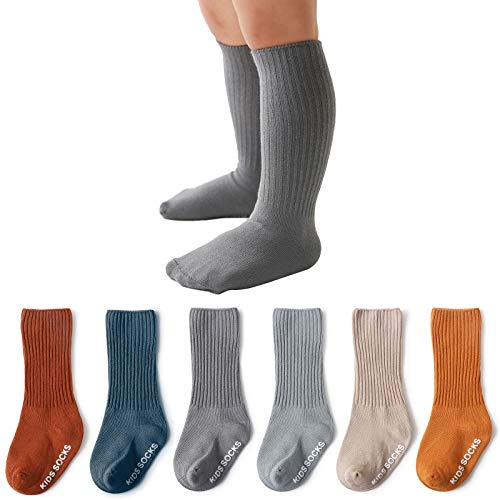 Baby Knee High Grip Socks 6 Pairs Non-Slip Anti Skid Cotton Tube Stockings for Newborn Infants Toddlers Kids 0-3T