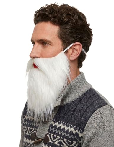 Image of BookMyCostume White Fake Beard & Moustache Set for Teens & Adults | Sadhu & Old Man Costume Beard with Elastic String | Fancy Dress Prop for Acting, Stage Play, School Functions & Halloween