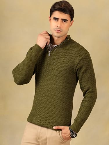 Image of Kvetoo Men's Full Sleeve High Neck Zipper Sweater| Warm Cable Knit Quarter Zip Pullover | Wool Winter Sweater for Casual & Office Wear