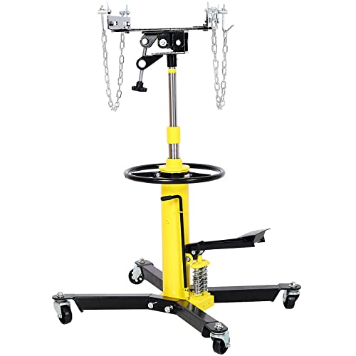 Image of Transmission Jack, 1660lbs 3 /4-Ton 2 Stage Hydraulic High Lift Vertical Telescoping, 32 inch to 70 inch Lifting Ran-ge, with 360 Swivel Wheels, 30 inch Long Safety Chain, Yellow