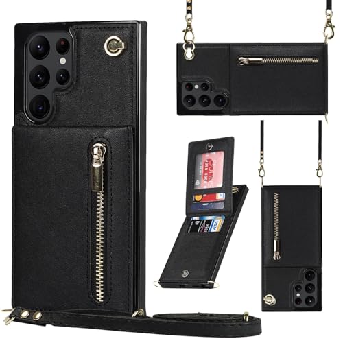 Étui Samsung S25 FE noir en cuir avec portefeuille zippé et sangle arrière