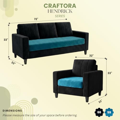 Image of Hendrick Plush Velvet 3 Seater + 1 Seater + 1 Seater Sofa Set | Silken Velvet Upholstery | Golden Legs | Designer Set for Living Room & Office Spaces (Black & Aqua Blue)