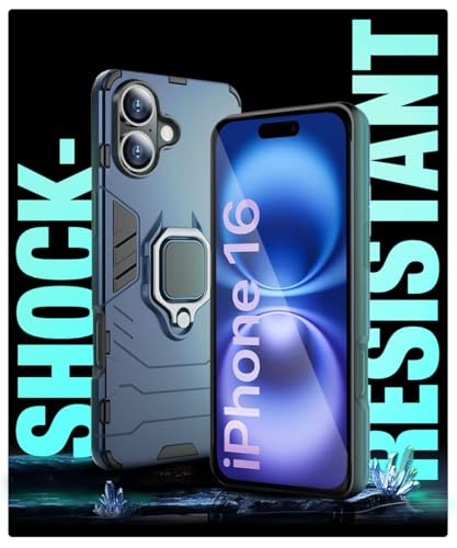 Image of WOW IMAGINE Shock Proof Back Case Mobile Cover for iPhone 16 | Back Cover Case (Tough Armor | Hybrid PC + TPU | Ring Holder & in-Built Kickstand | Blue)
