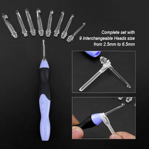 Ganchillo LED recargable USB con 9 puntas de 2.5-6.5mm y mango linterna integrado 5