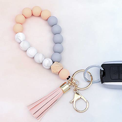 Image of BAOSIWA Silicone Key Ring Bracelet Wristlet Keychain Unique Beaded Bangle Key Chains for Women with Leather Tassel