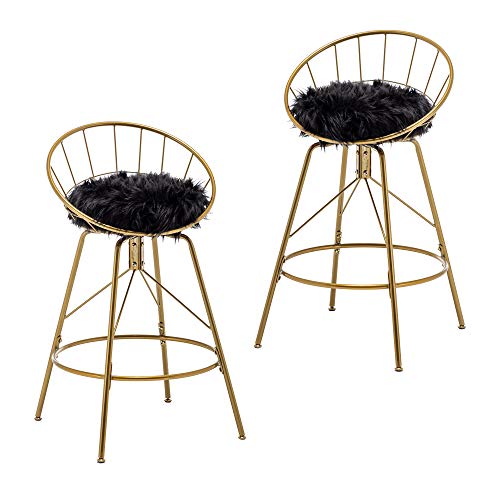 Alunaune 26Inch Swivel Metal Bar Stools Gold Bar Chairs Set Of 2 Black Faux Fur Counter Height Barstools Home Kitchen Counter Stool-Gold #TOP7