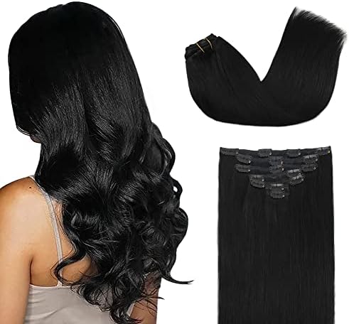 GOO GOO Clip in Hair Extensions Real Human Hair, Remy Human Hair Extensions Clip ins for Women, Natural Human Hair, 22inch 120g 7Pcs, 1 Jet black