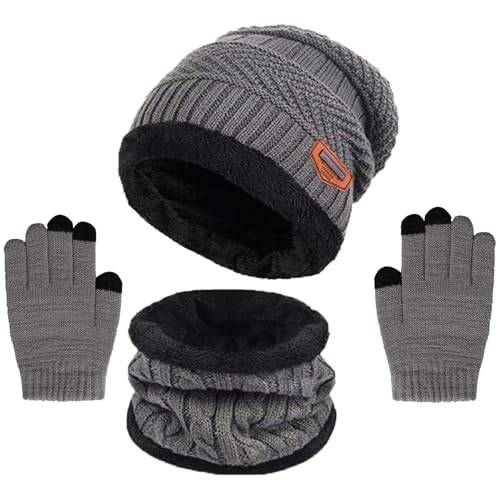 Conjunto de Gorro, Bufanda y Guantes para Niños de 3PCs, Gorro de Punto con Forro Polar Cálido Calentador de Cuello Térmico con Guantes de Pantalla Táctil Esenciales de Invierno Para Niños