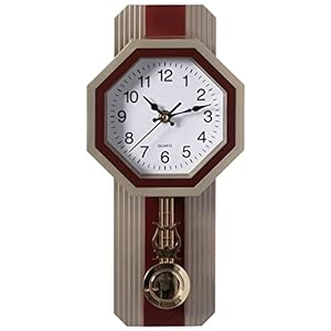 Traditional Beige Round Wood- Looking Pendulum Plastic Wall Clock for Living Room, Kitchen, or Dining Room