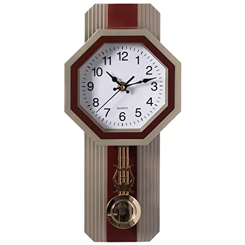 Traditional Beige Round Wood- Looking Pendulum Plastic Wall Clock for Living Room, Kitchen, or Dining Room