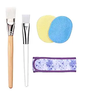 VEDETIC Combo of 1 Plastic Brush, 1 Wooden, 2 Puff, 1 Headband For Bleach, Face Pack Applicator Soft Brush Home Use, Parlour Use, Salon Use For Both Men Women