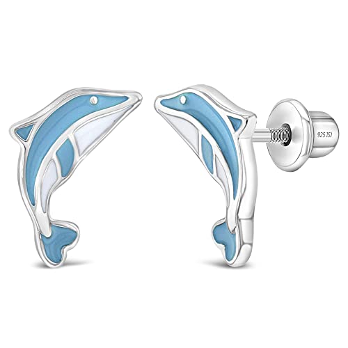 925 Sterling Silver Enamel Color Leaping Dolphins Screw Back Earrings for Young Girls - Beautiful Small Dolphin Screw Backs for Little Girls - Fun and Fashionable Stud Earrings for Kids