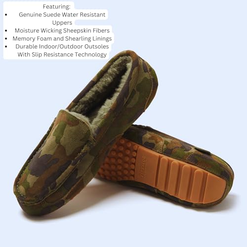 Image of Fireside By Dearfoams Men's Melbourne Genuine Shearling Moccasin Slippers, Memory Foam Sudede Loafers Slip-in House Shoes