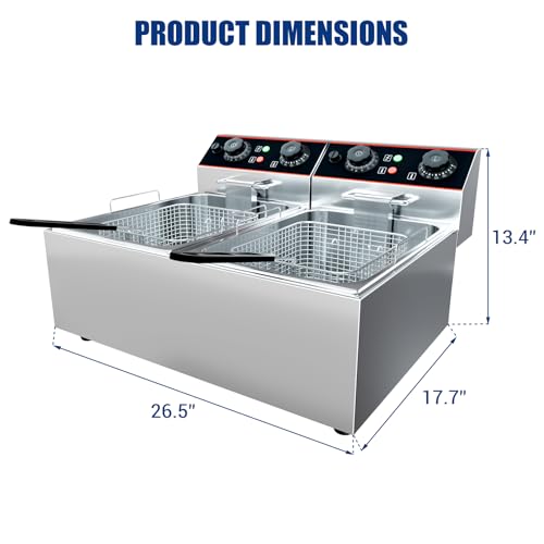 Commercial Deep Fryer, 23 QT Electric Deep Fryer with Double Basket and Lid, Stainless Steel Deep Fryer with Independent Temperature Control for Restaurant or Home Use, 1500W+1500W