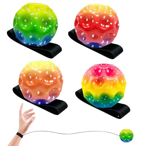 ZCOINS 4 Pcs 2.5'' Wrist Return Bounceback Ball for Kids, Wrist Rebound Bouncy Hand Ball with Wristband & Elastic String for Outdoor Game Sport Training