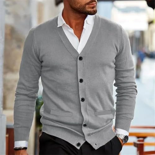 Men's Winter Solid Knit Sweaters Long Sleeve V Neck Button Up Cardigan Business Slim Sweater3
