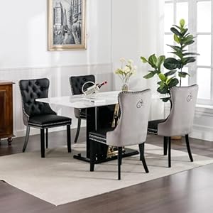 Dining Room Chairs Set of 4 Upholstered Tufted Dining Chairs with High Back Nailhead Trim and Solid Wood Legs Modern Dining Chairs for Dining Room Black Pu Leather Splicing Grey Velvet