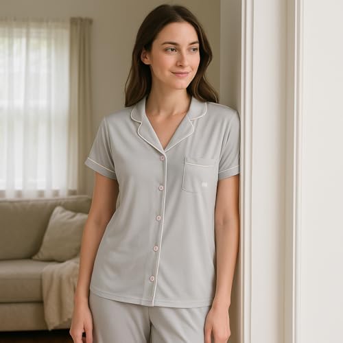 BORN Button Up Pajamas for Women, Soft Pajama Set for Women with Short-Sleeve PJ Top and Long PJ Pants (Rock Grey, Small)