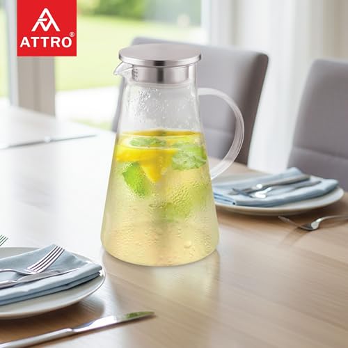 Image of ATTRO Glassox Classy Glass Water Jug - 1800ml Borosilicate Glass Serving Jug with Stainless Steel Lid, Heat Resistant, Ideal for Juice, Lemonade, Iced Tea, Milk, Hot & Cold Beverages