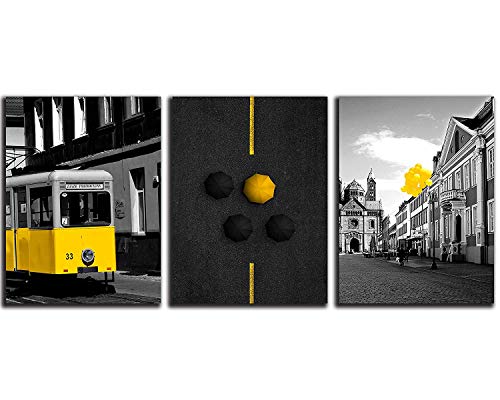 Nan Wind 3 Pcs Canvas Prints London Street Yellow Bus England City Buildings Yellow Balloons Umbrella In Black And White Paintings Wall Art Cityscape On Canvas Stretched And Framed For Home Decor #TOP1