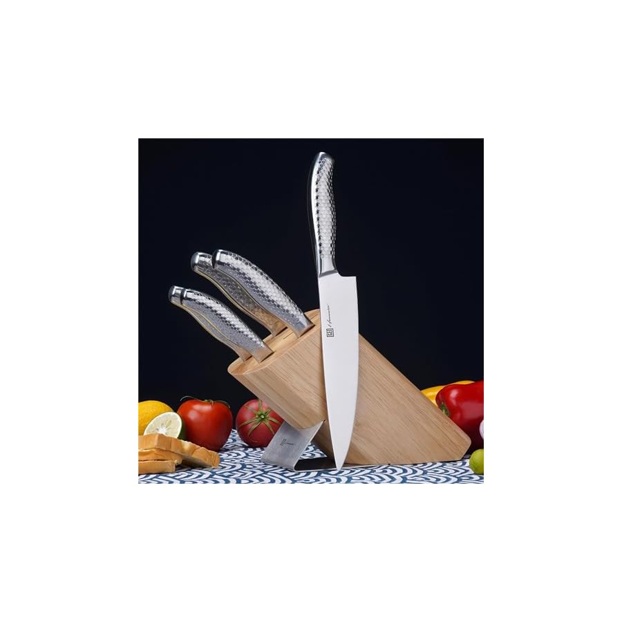 Hanmaster Kitchen Knife Set, One-piece Stainless Steel Knife Sets for Kitchen with Block, 6 Pieces Solid Natural Wood Knife Block Set, Box Packed, Silver.