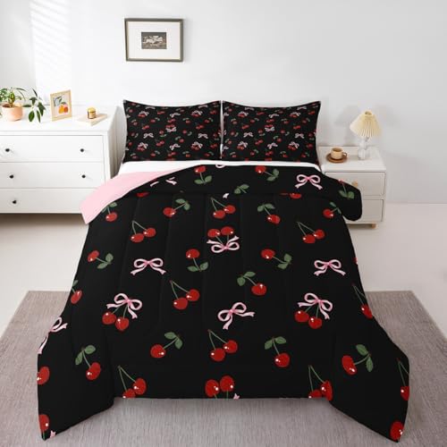 Image of Feelyou Bows Cherry Summer Comforter Set Twin Size Kids Boys Girls Bedding
