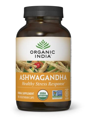 Organic India Ashwagandha Herbal Supplement - Stress Response Support, Vegan, Gluten-Free, Kosher, USDA Certified Organic, Non-GMO, Supports Mood, Endurance, Vitality & Strength - 180 Capsules