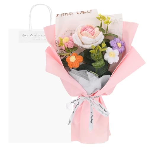 M METERXITY Crochet Flowers Bouquet, Handmade Knitted Bouquets Artificial Rose with Gift Bag for DIY Home Decor/Birthday/Wedding/Valentine's Day [Gradient Pink]