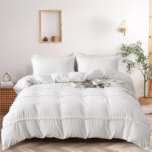 Fondream White Duvet Cover Sets King Size Pompom Tassels Design Bedding Sets Soft and Lightweight Duvet Cover(King, 3PCS)