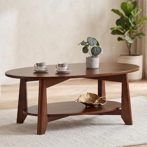 Image of Royaloak Atlanta American Wooden Center Table for Living Room | Solid Wood | Bottom Shelf | Oval Designed Surface for a Sophisticated Look | Angled Legs for Stability |Living Room Centre Table