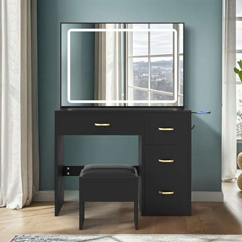 Vanity Desk with a Large 35" Mirror and LED Lights, Makeup Vanity Set Featuring 4 Drawers and a Power Strip, Vanity Chair, Dressing Table with Ample Storage, Bedroom Furniture for Women, Coal Black