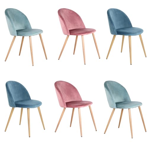 BenyLed Juego de 6 Sillas de Comedor Tapizadas con Respaldo de Asiento de Terciopelo Suave y Patas de Metal Ajustables de Madera (Azul+Verde+Rosa)