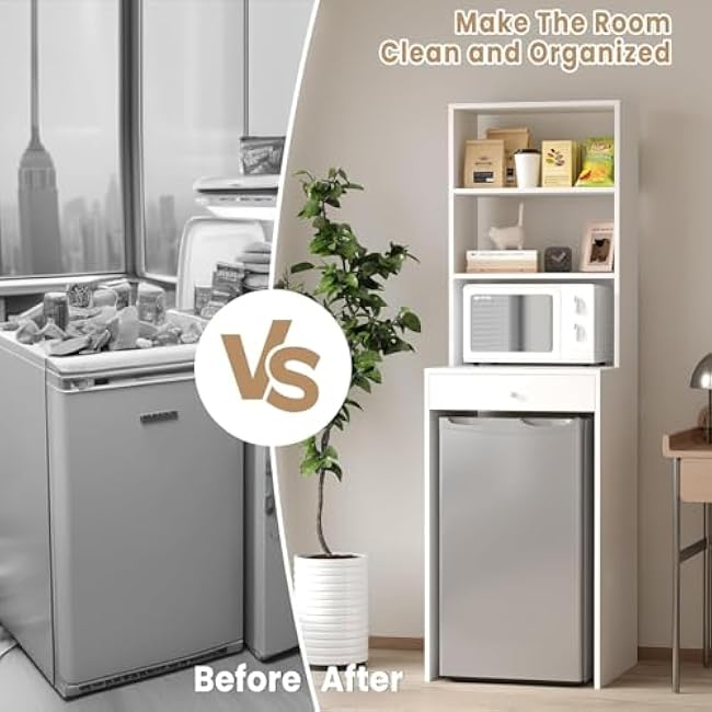 Mini Fridge Cabinet with Storage Shelves and Microwave Space ¨C Free Standing Cabinet with Drawer for Kitchen, Dorm, or Bar Use