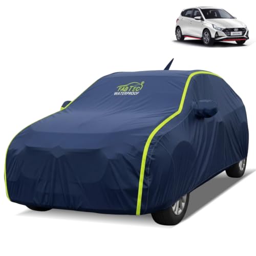 Image of FABTEC Waterproof Car Body Cover for Hyundai I20 N Outdoor /Indoor All Weather Protection with Mirror & Antenna Pocket Triple Stitched (Premium Navy Blue with Neon Piping)