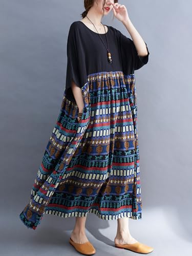 Image of Women's Oversized Dress Plus Size Summer Dress Artsy Print Pathwork | Loose, Oversized Cut Baggy Dresses. O Neck with Pockets. Breathable Viscose Fabric for Summer. Colorful Print Patchwork